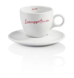 Lucaffe Tasse Für Cappuccino LUCCAPPUCCIO Weiß Mit Rotem Druck Und Offenem Henkel